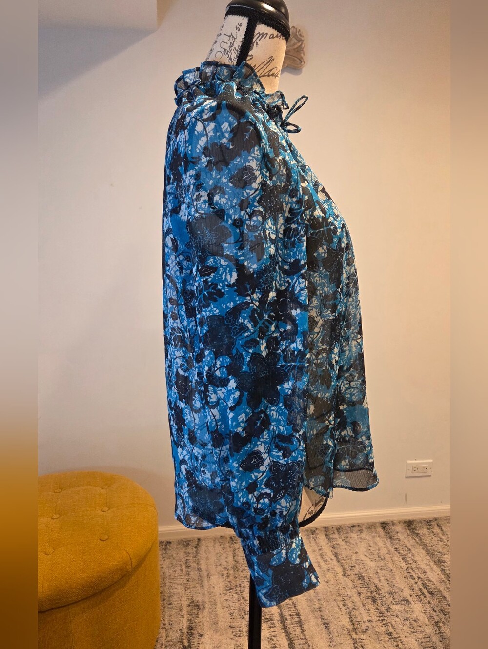 Anthropologie Blue Floral Tie-Neck Sheer Blouse, Size S. - Picture 5 of 15
